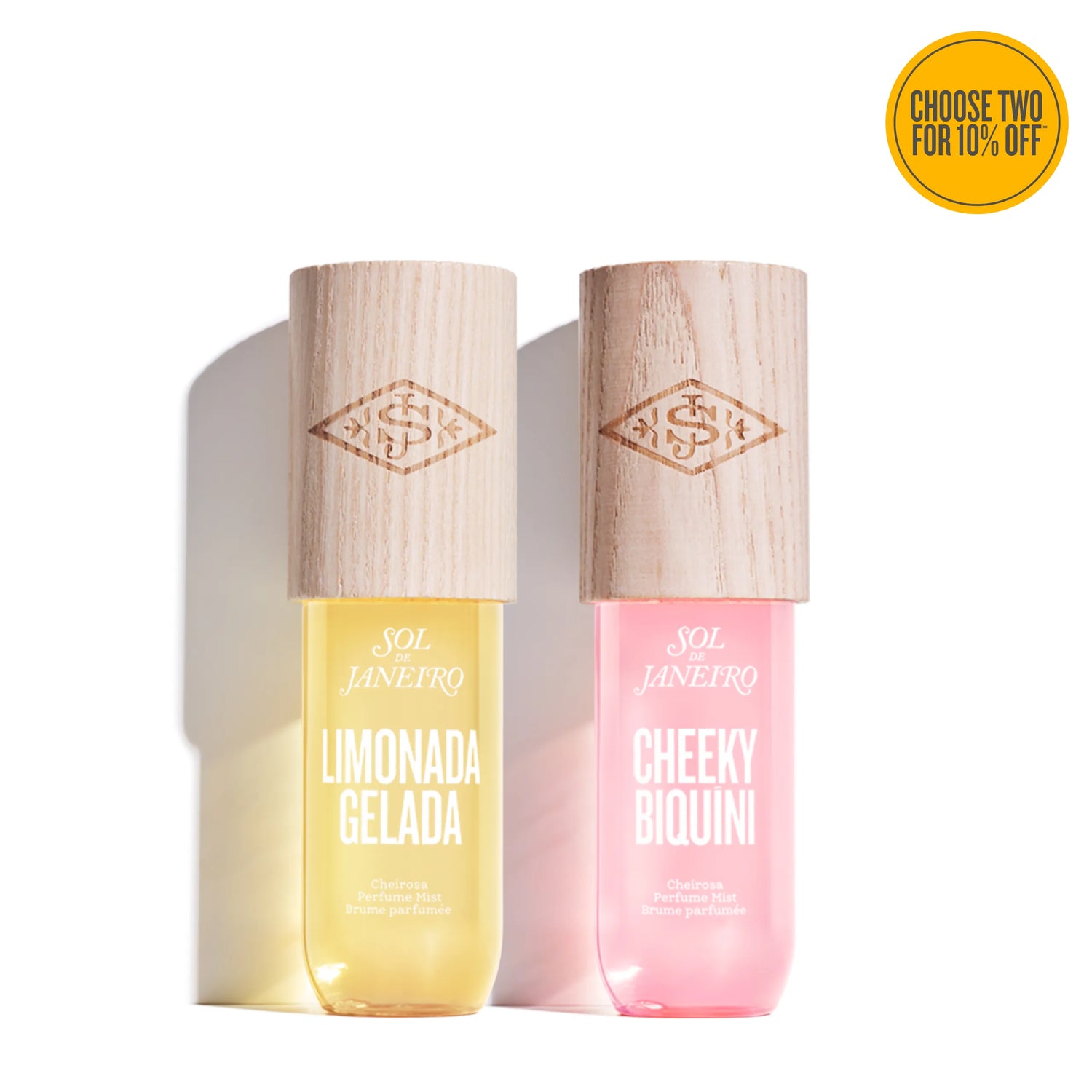 Two skincare bottles with wooden caps on a white background, featuring promotional text.