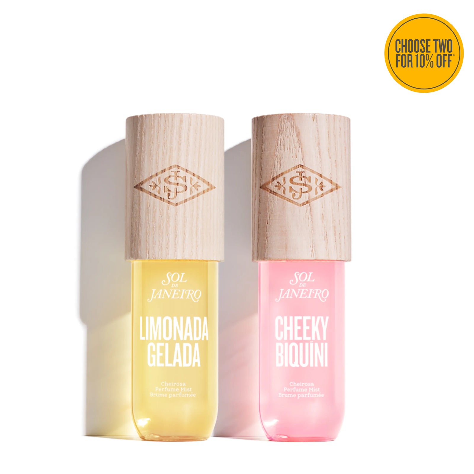 Two skincare bottles with wooden caps on a white background, featuring promotional text.