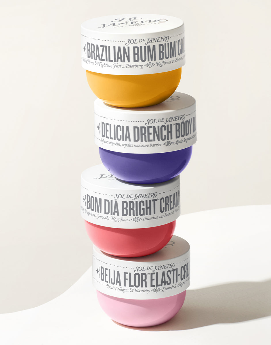 Stack of Body Creams. Delicia Drench Body Butter, Brazilian Bum Bum Cream, Bom Dia Bright Cream, Beija Flor Elasti-Cream