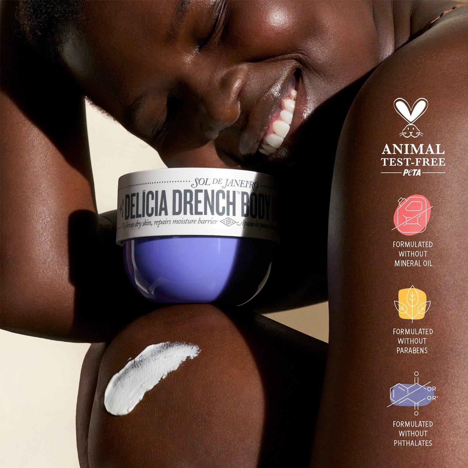 Animal test-free PETA. formulated without minerals oil, parabens, phthalates