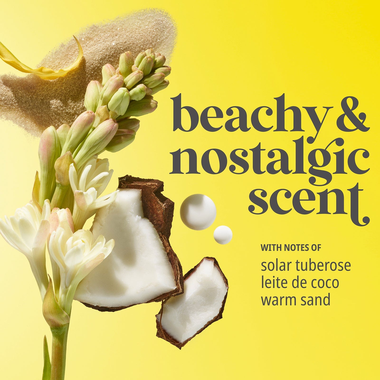 Beachy & nostalgic scent - with notes of solar tuberose, leite de coco, warm sand