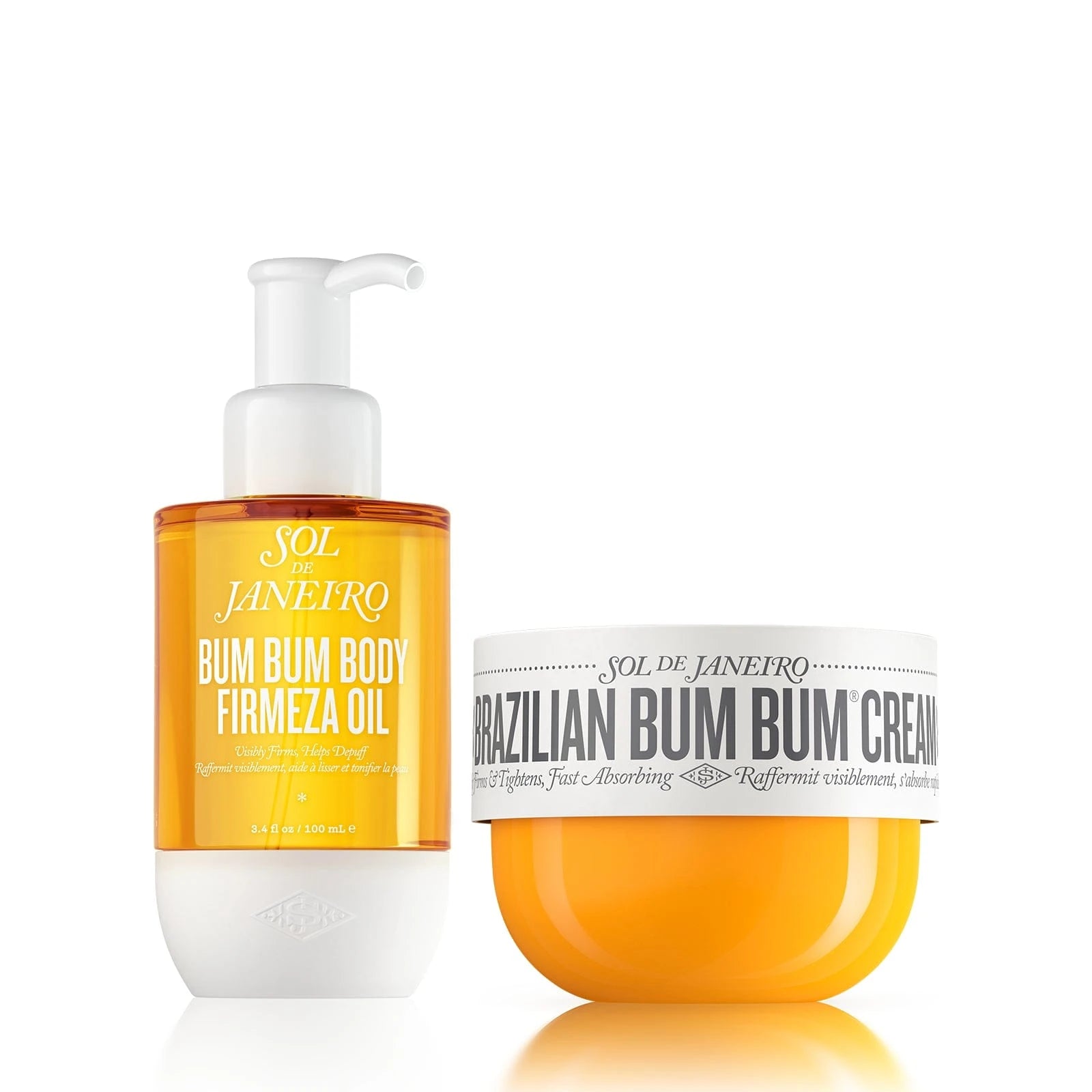 This asset is showing a render of the bum bum body bundle - Sol de janeiro bum bum body firmeza oil (100ml) and brazilian bum bum cream (240ml)