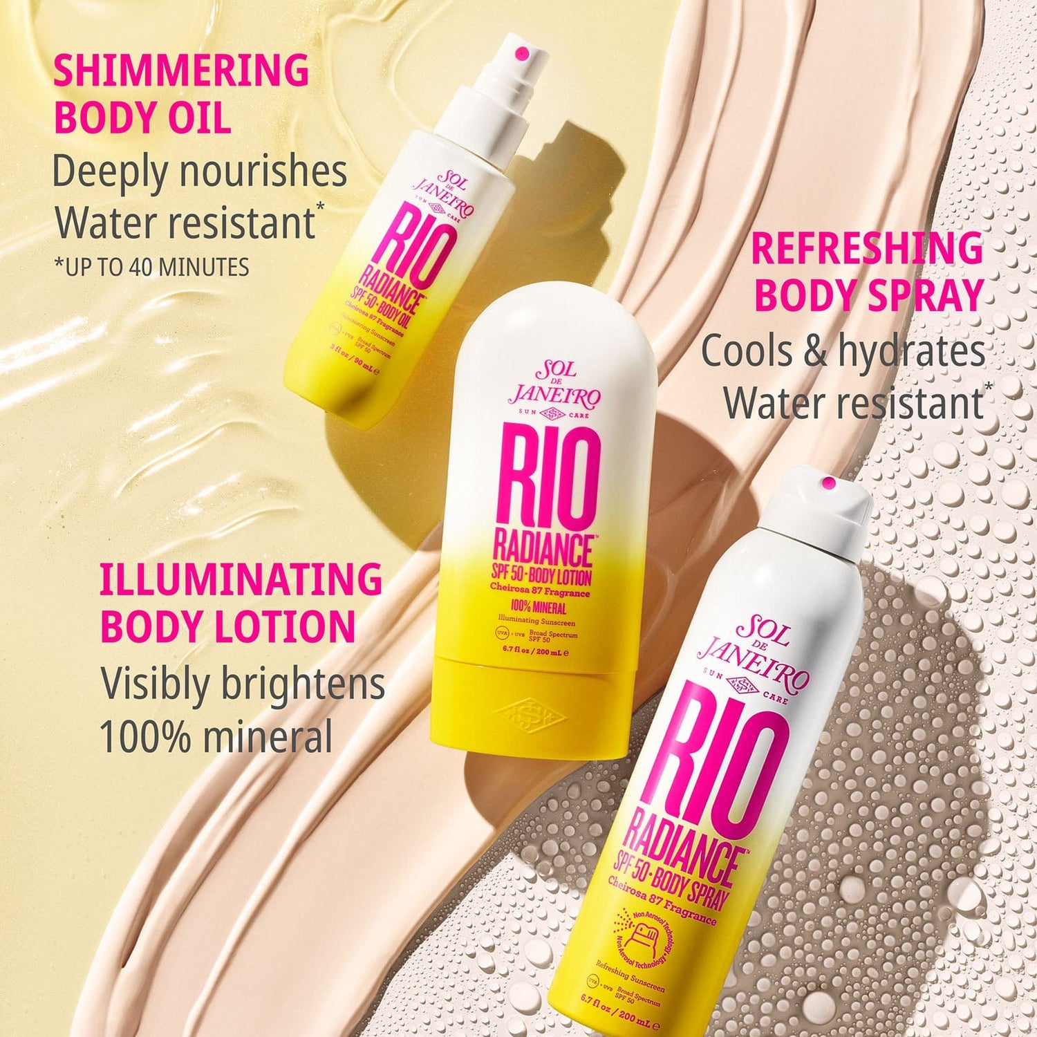Shimmering body oil - deeply nourishes water resistant* Refreshing body spray - cools &amp; hydrates water resistant. Illuminating body lotion - visibly brightens 100% mineral 