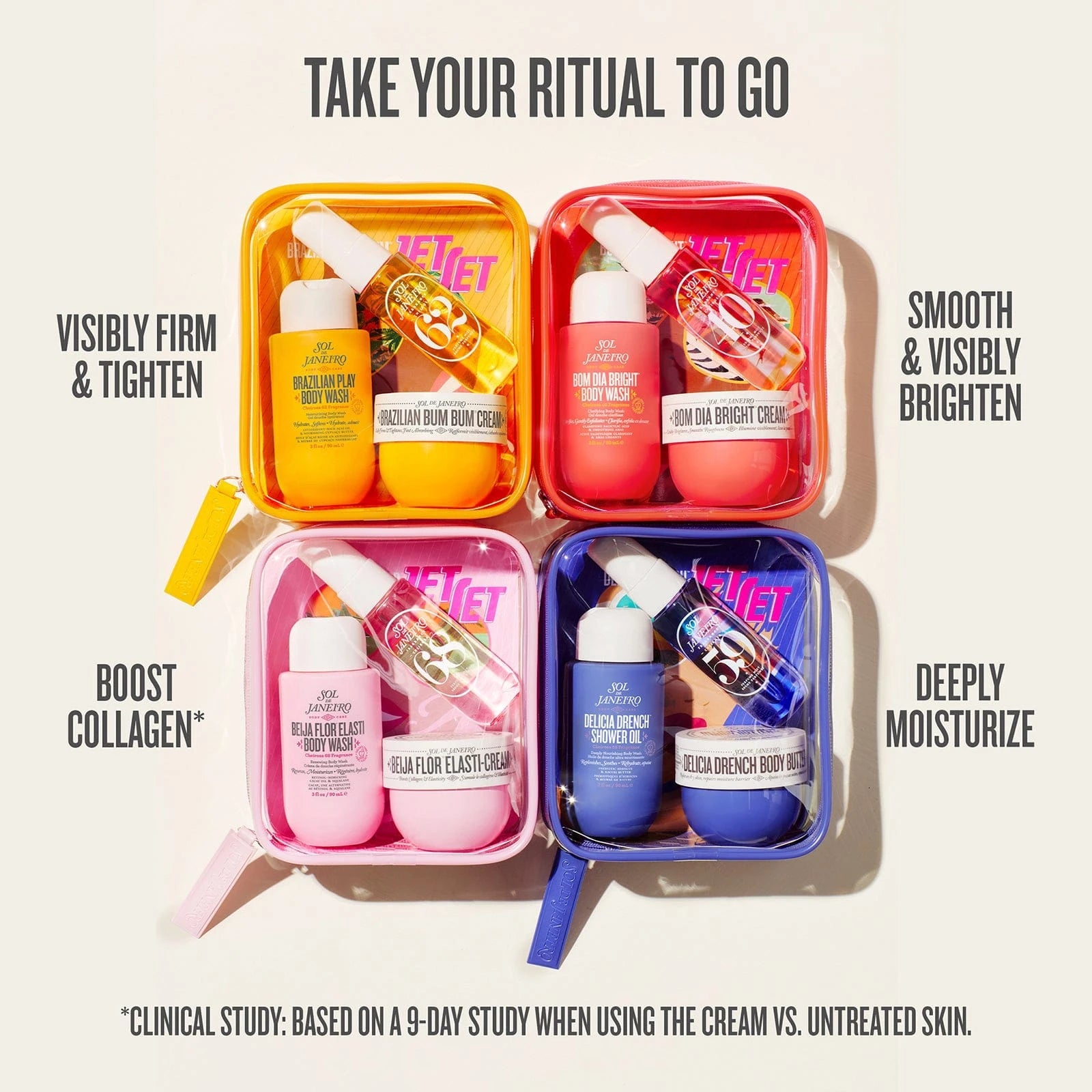 take your ritual to go visibly firm & tighten smooth & visibly brighten boost collagen* deeply moisturize *clinical study: based on a 9-day study when using the cream vs. untreated skin.