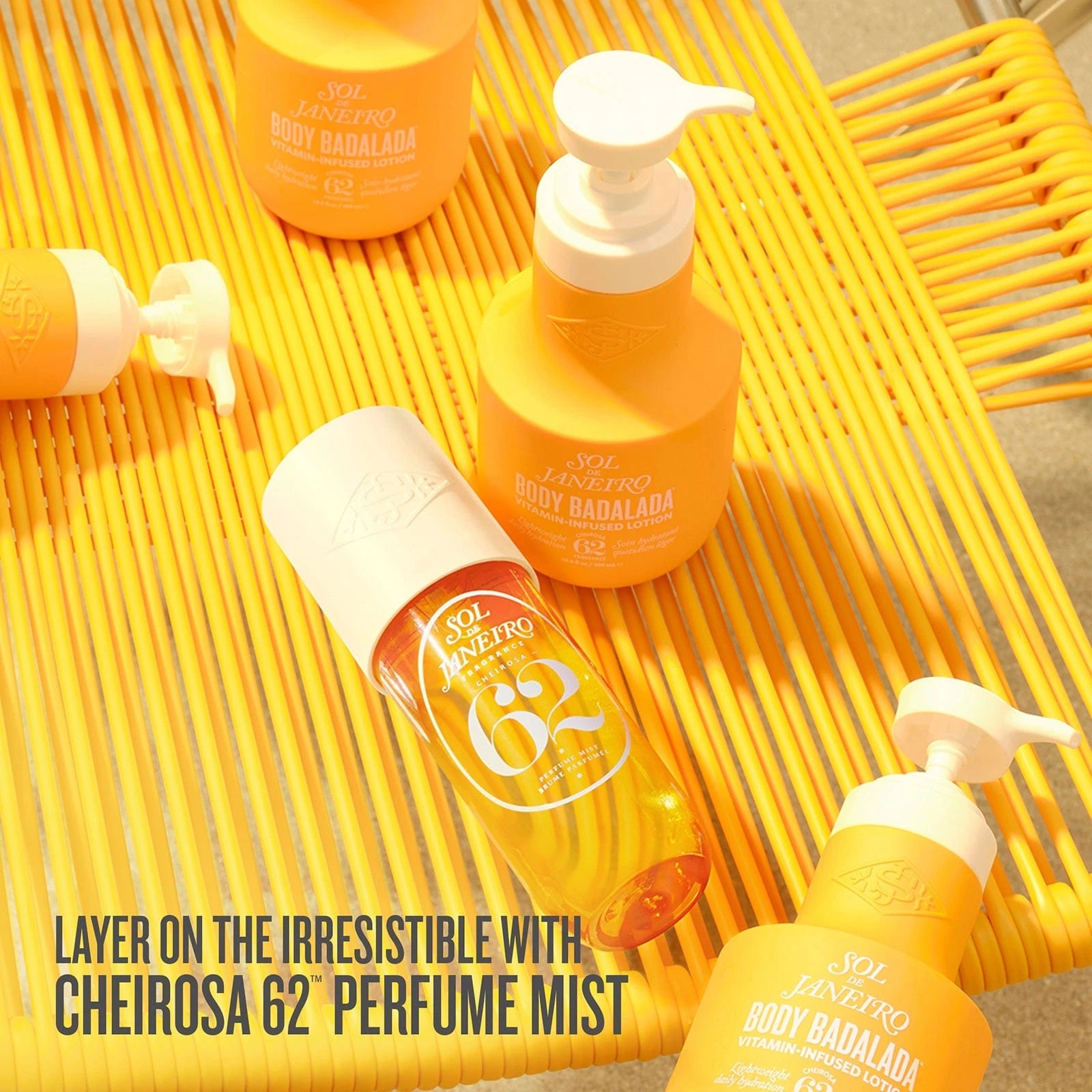 Text on asset reads "layer on the irresistible with cheirosa 62 perfume mist" This asset features Badalada Lotion and cheirosa 62 on sol de janeiro yellow background