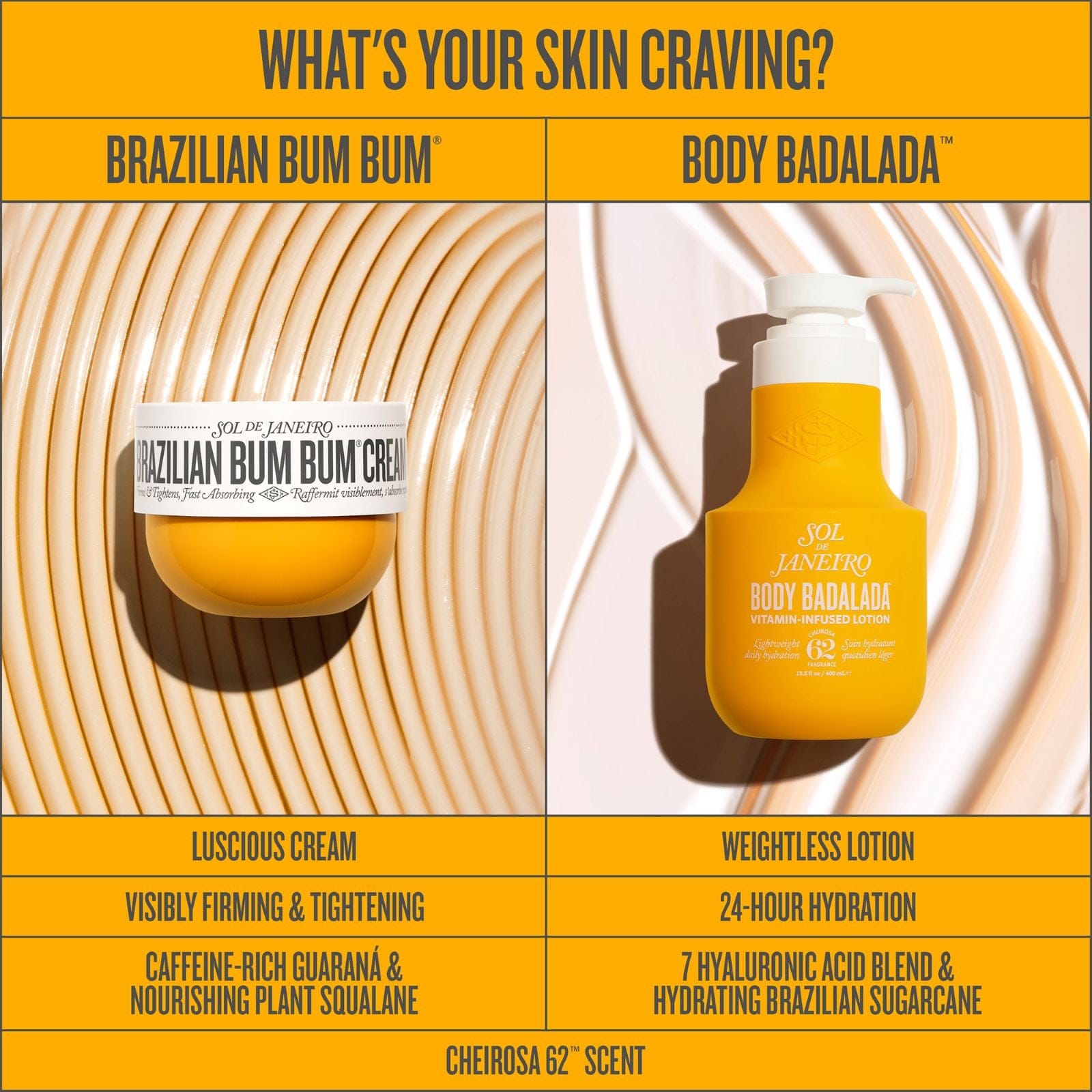 The text on image reads "two favorites. one iconic scent. hydration your way. weightless lotion for 24 hour hydration. Luscious cream for visibly firm, glowing skin" This image is showing both Badalada Lotion and Bum Bum Cream