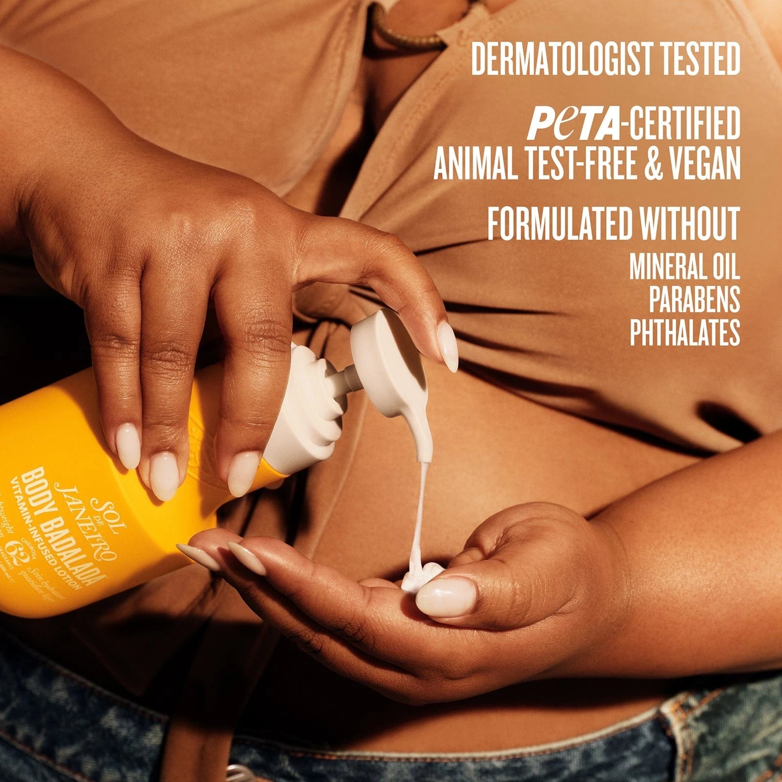 Text on asset reads "dermatologist tested peta-certified, animal test-free and vegan, formulated without mineral oil, parabens and phthalates"