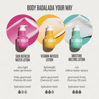 Three bottles of Body Badalada lotions with color swatches and product details on a white background.