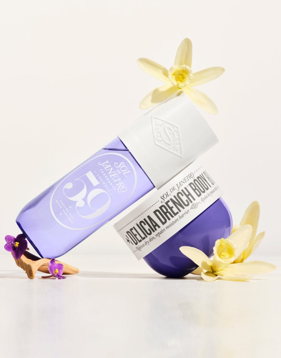 Body wash bottle with flowers on a white background