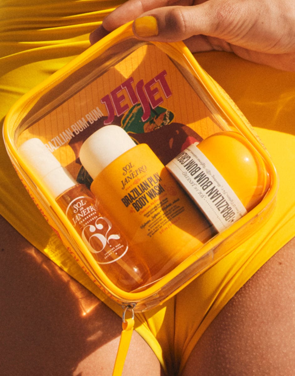 Yellow travel-sized product set with skincare items and 'Jellet' branding.