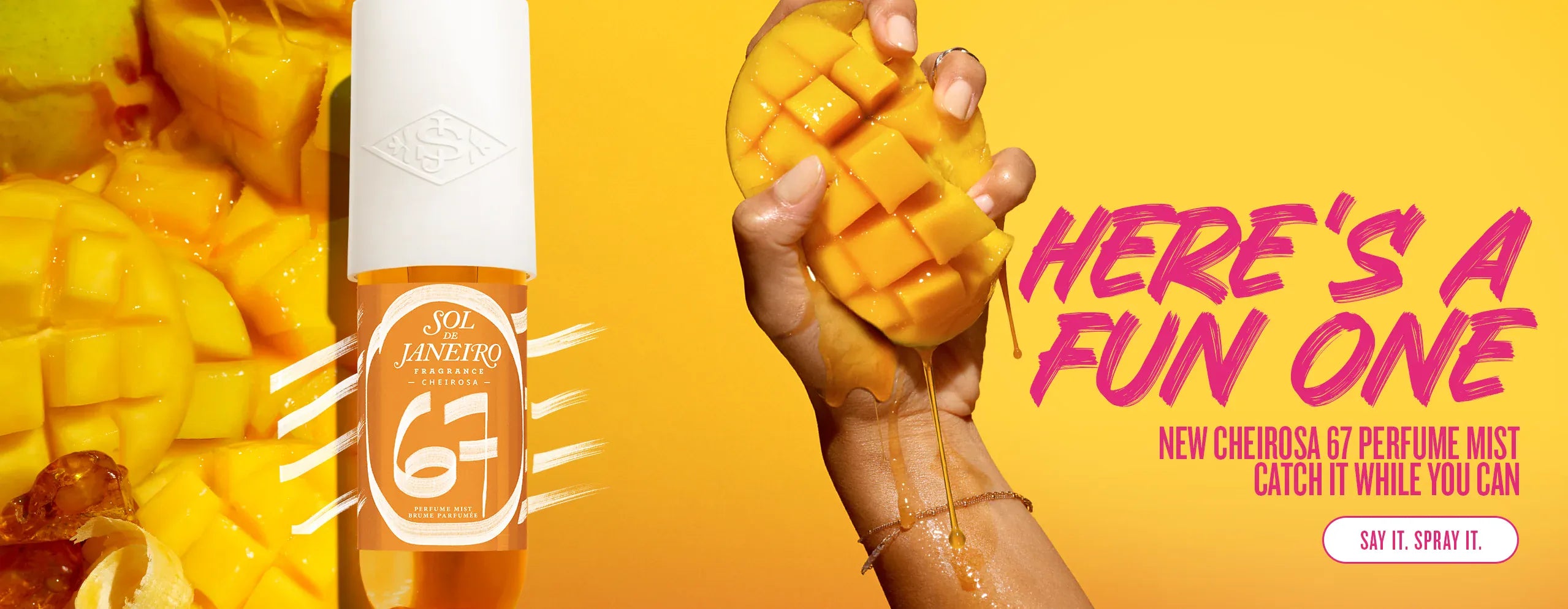 Text on image reads here's a fun one new cheirosa 67 perfume mist catch it while you can. Say it spray it.