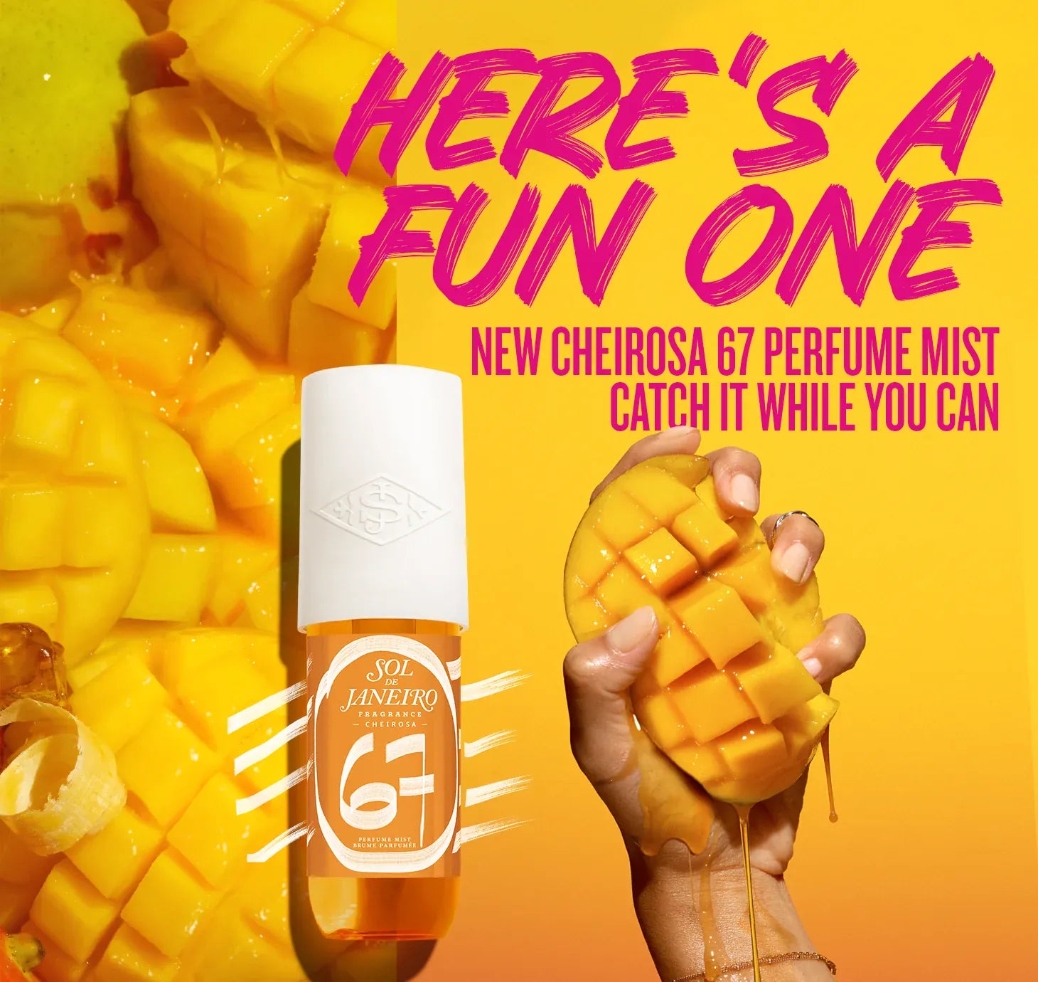 Text on image reads here's a fun one new cheirosa 67 perfume mist catch it while you can. Say it spray it.