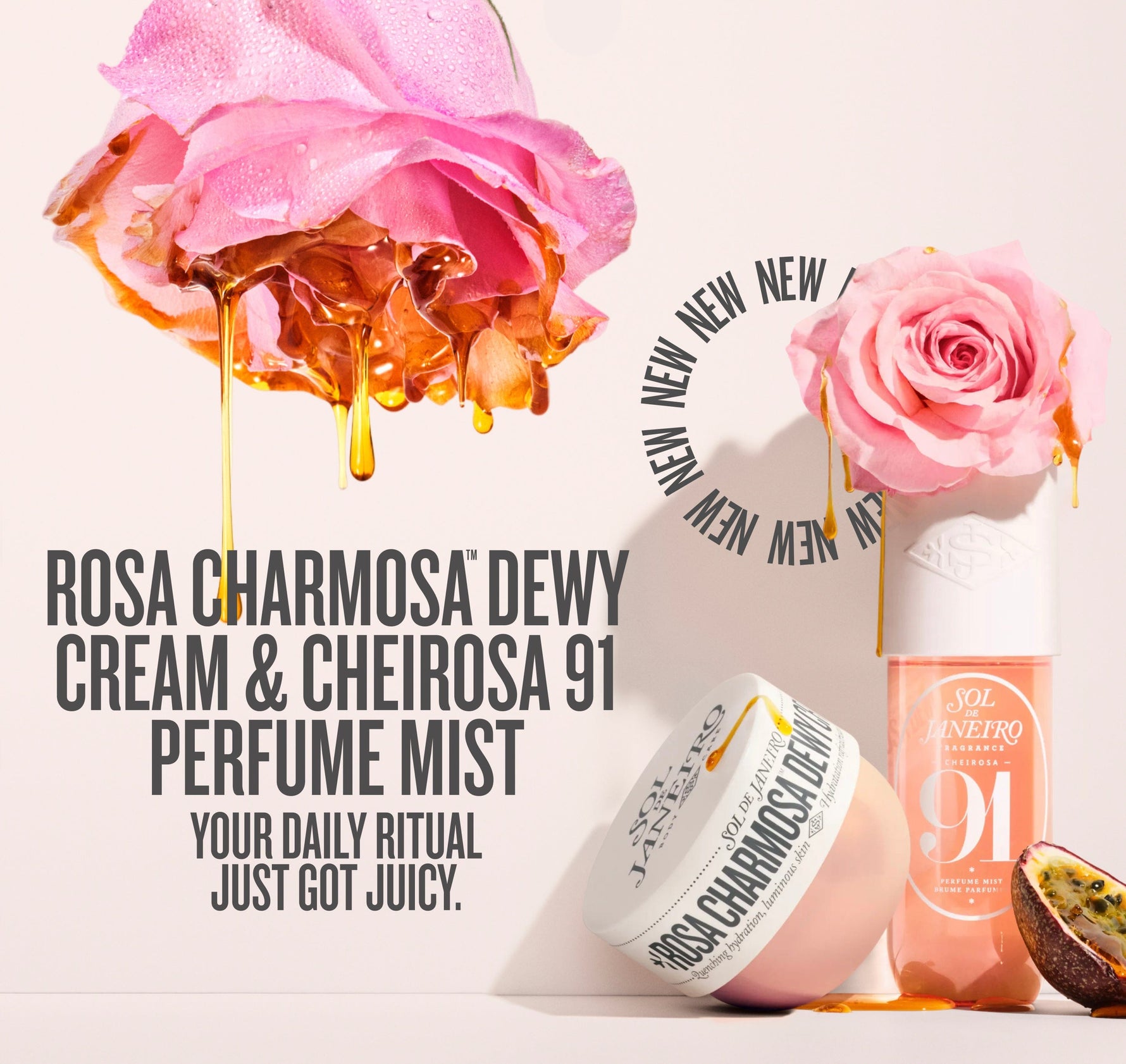 Rosa Charmosa Dewy Cream and Cheirosa 91 Perfume Mist with flowers and honey on a white background