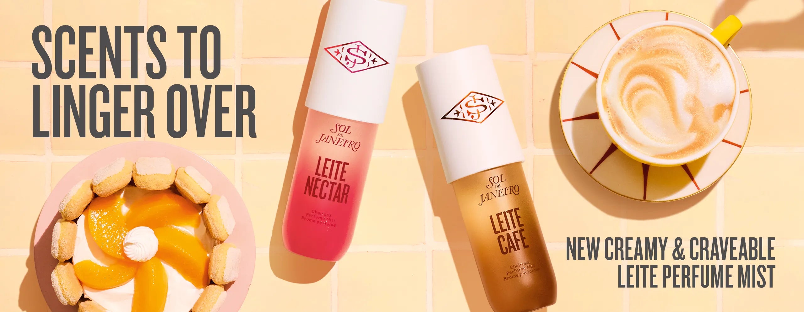 Two lip products with a coffee cup on a yellow background, featuring the brand 'Leite'.
