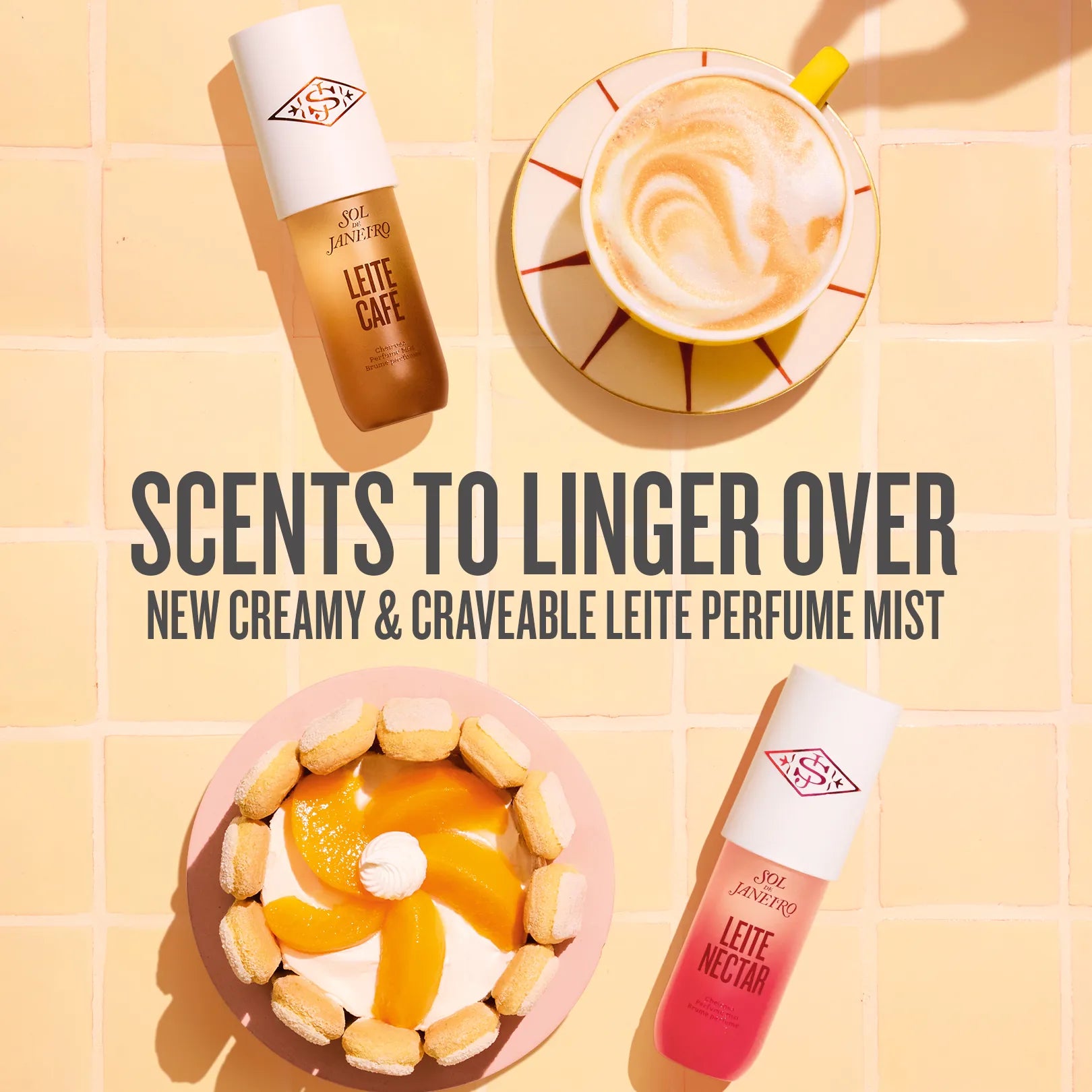 Two lip products with a coffee cup on a yellow background, featuring the brand 'Leite'.