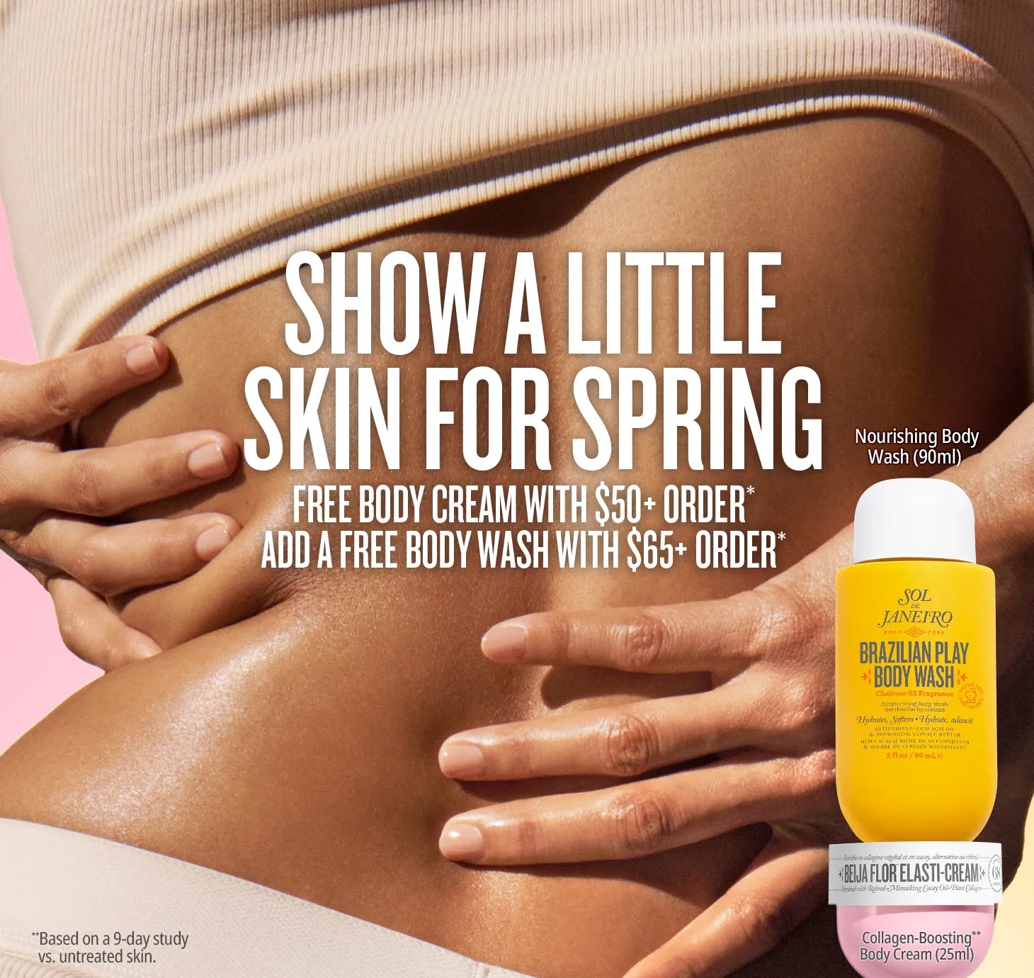 Advertisement showing a person's back with hands touching skin, promoting a free body wash offer.