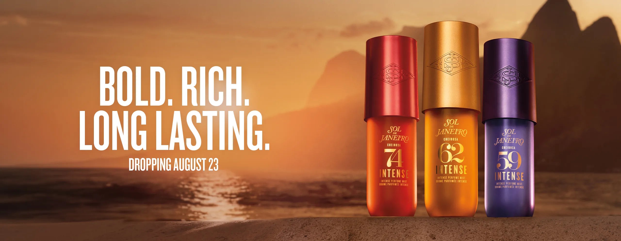 Three bottles of IntenS serum in red, gold, and purple packaging are displayed against a sunset beach background with the text 'BOLD, RICH. LONG LASTING.