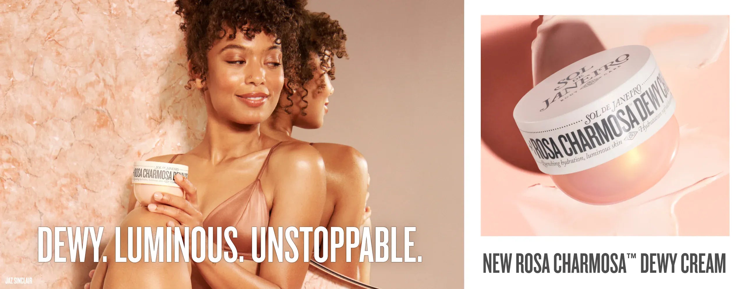 Woman holding a cosmetic product with text 'DEWY. LUMINOUS.