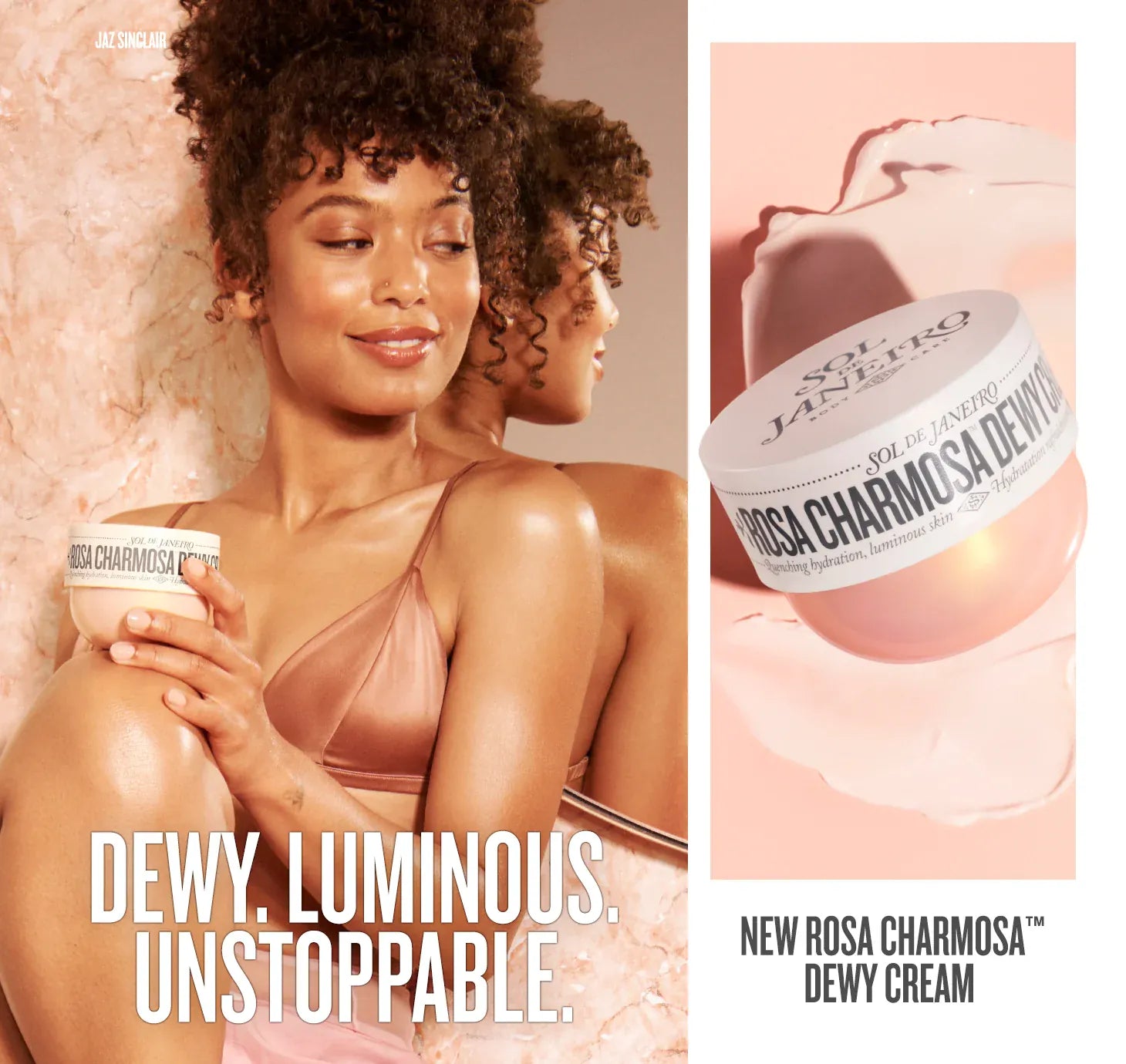 Woman holding a jar of Rosa Charmosa Dewy Cream with product close-up on pink background