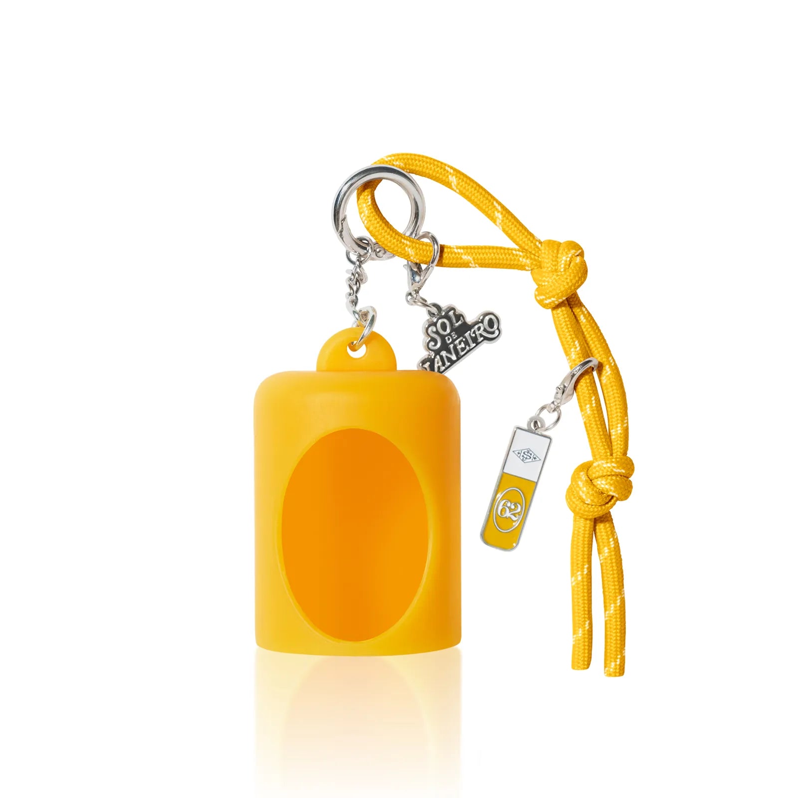 A bright yellow silicone bottle opener with a matching yellow braided cord keychain, featuring a silver metal keyring, a 'COLD ANIMEO' charm, and a small branded tag, shown on a white background with a soft reflection.