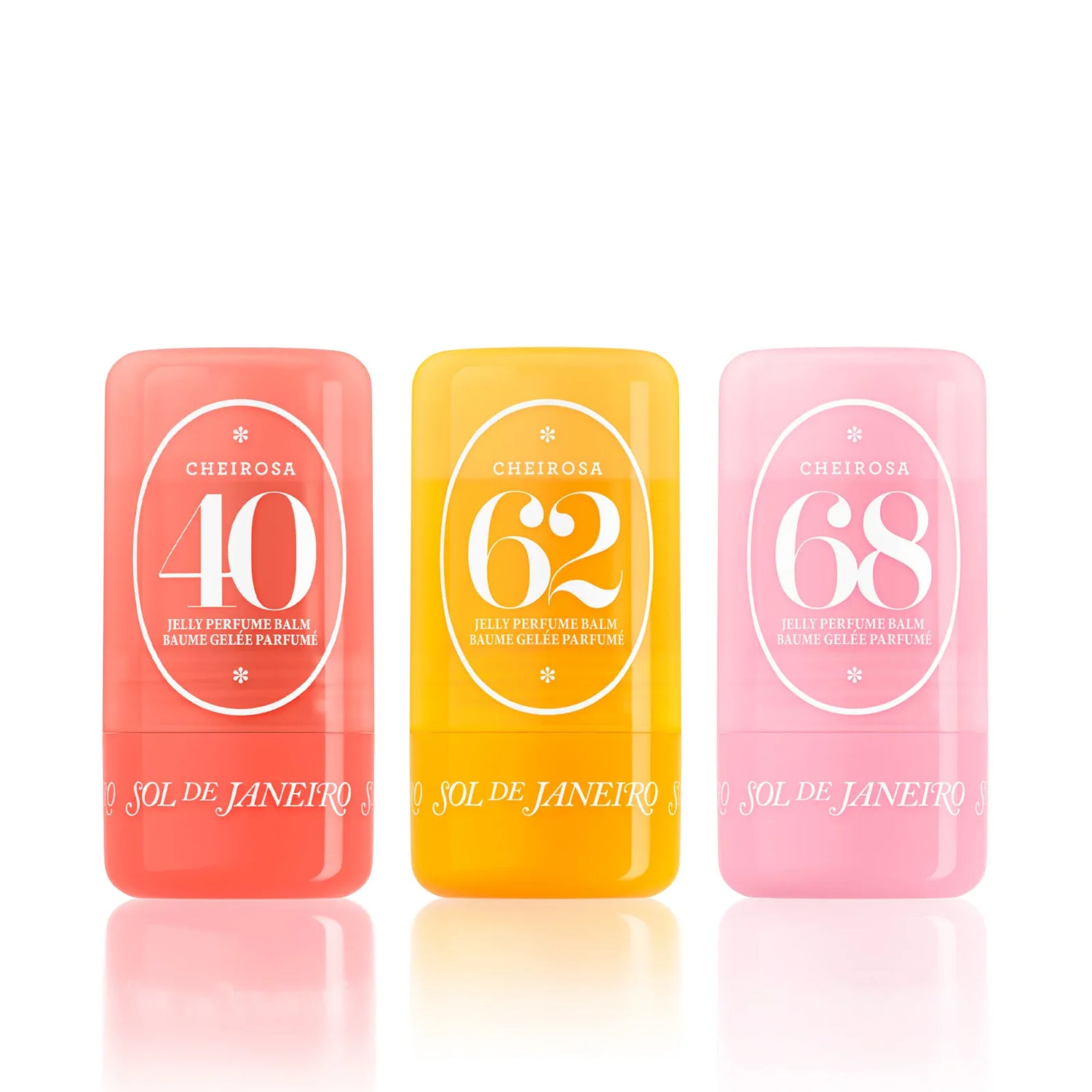 Three small containers of Cheirosa perfume balm with numbers 40, 62, and 68 on a white background.