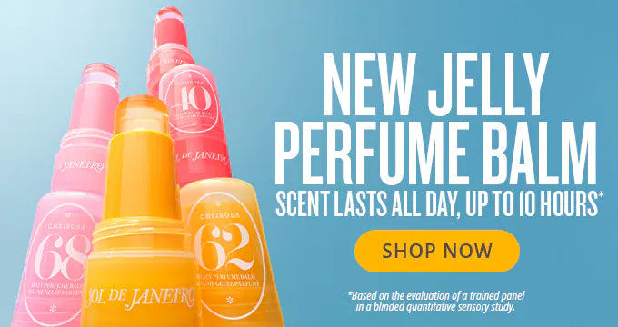 Jelly perfume balms with a promotional message on a blue background