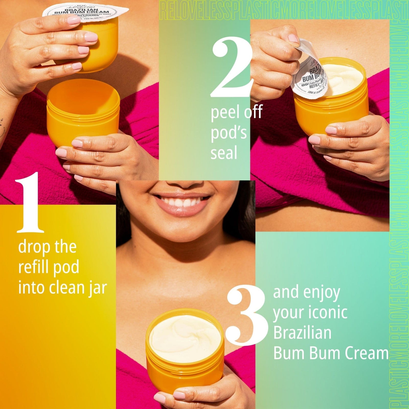 1. drop the refill pod into clean jar 2. peel off pods seal 3. enjoy!