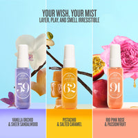 Three fragrance spray bottles from Sol Ensemble are shown in a promotional graphic with scent names and decorative fruit and flower imagery. The bottles are labeled 59, 62, and 91, and the top text reads 'YOUR WISH, YOUR MIST LAYER, PLAY, AND SMOKE IRRESISTIBLE.