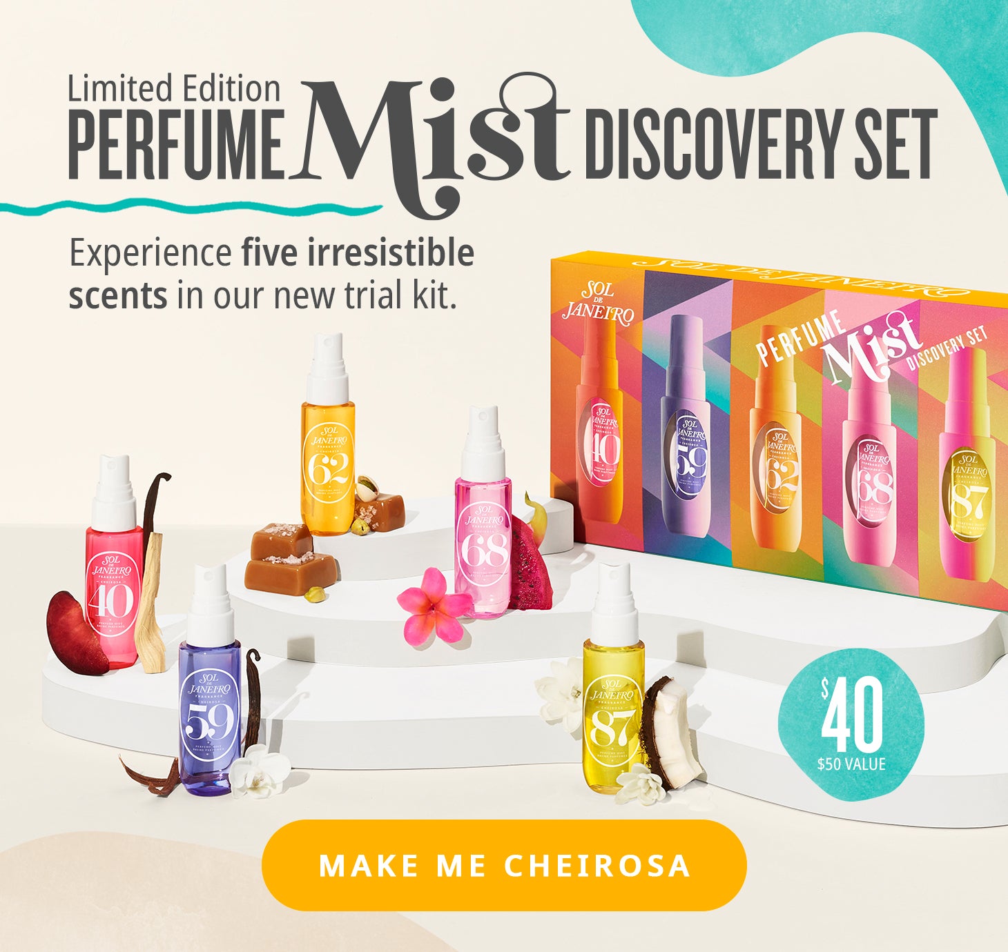 Limited edition perfume mist discovery set. Experience five irresistible scents in our new trial kit. Make me cheirosa!