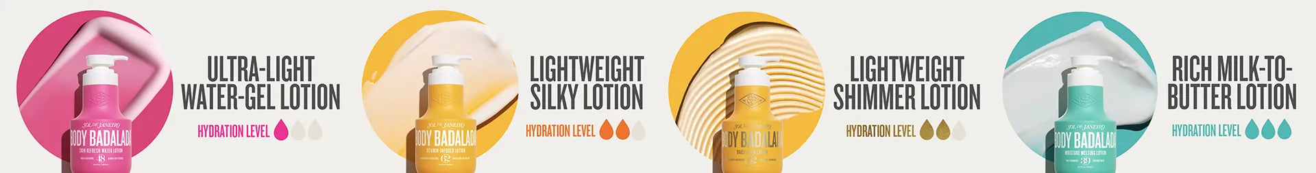 Four different types of lotion with product images and names on a white background
