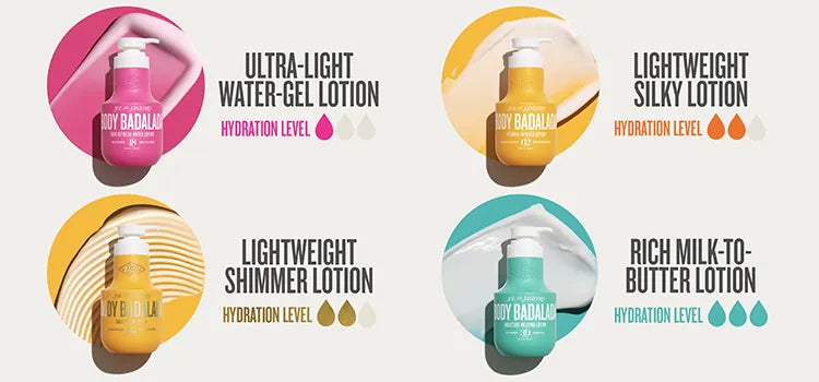Four bottles of different types of lotion with hydration level indicators on a white background.