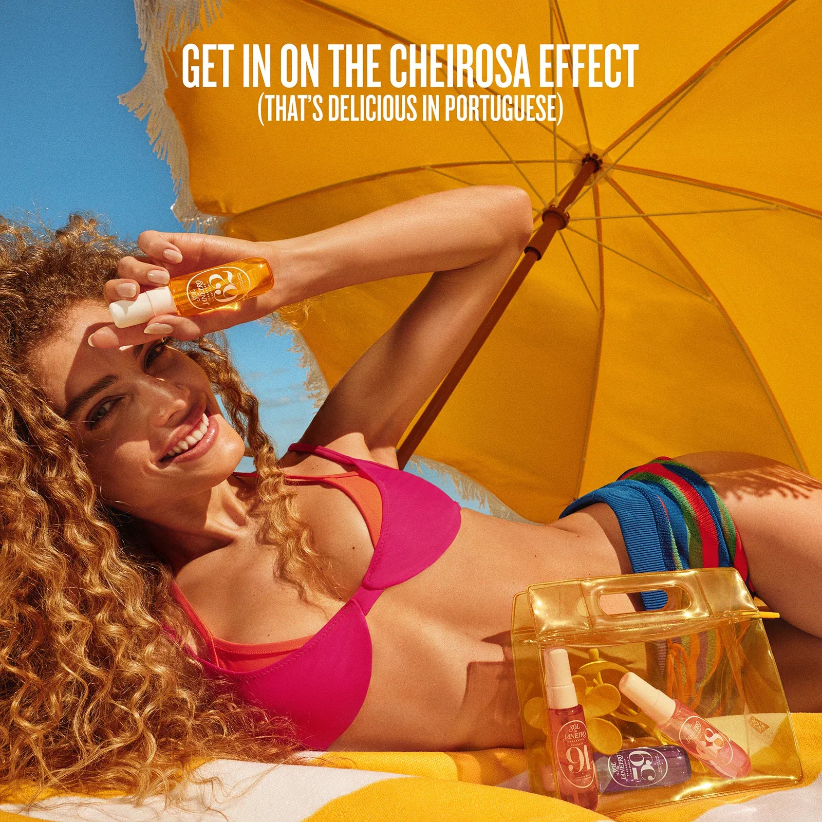 Woman in pink bikini under a yellow umbrella with Cheirosa products. Text on image reads get in on the cheirosa effect (that's delicious in portuguse)
