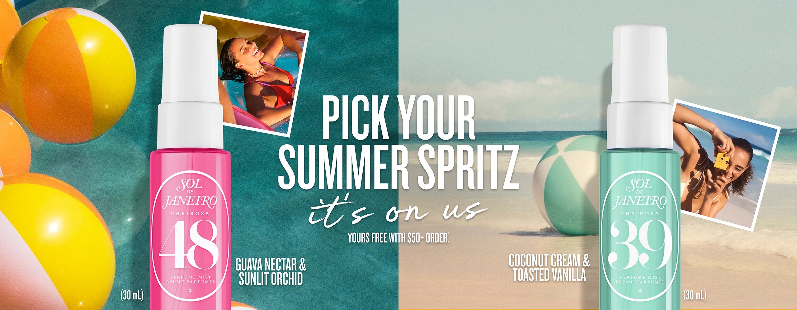 Two bottles of perfume mists spritz with beach-themed graphics and text.