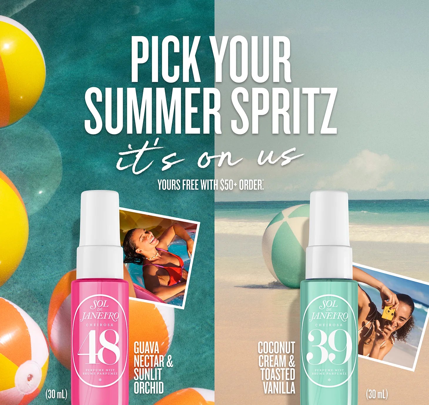 Two bottles of perfume mists spritz with beach-themed graphics and text.