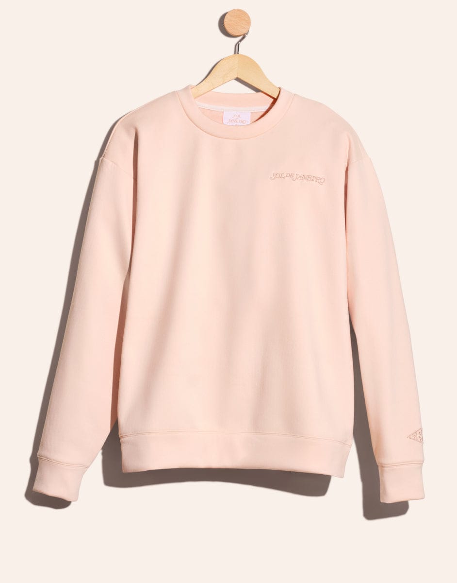 Pink sweatshirt on a hanger against a light background