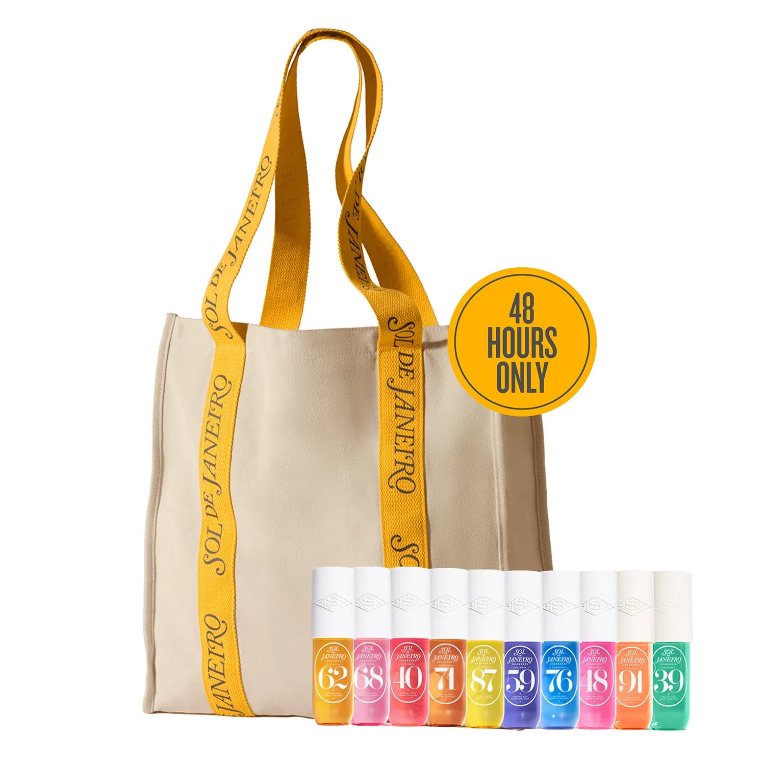 Beige tote bag with yellow handle and Sol de Janeiro lip balm set on a white background