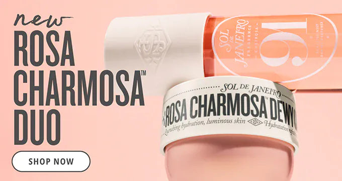 Rosa Charmosa Duo product packaging on a pink background with 'Shop Now' button.
