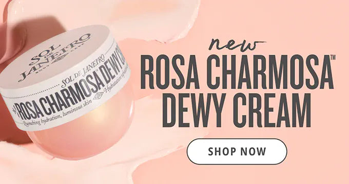 Rosa Charmosa Dewy Cream container with promotional text on a pink background