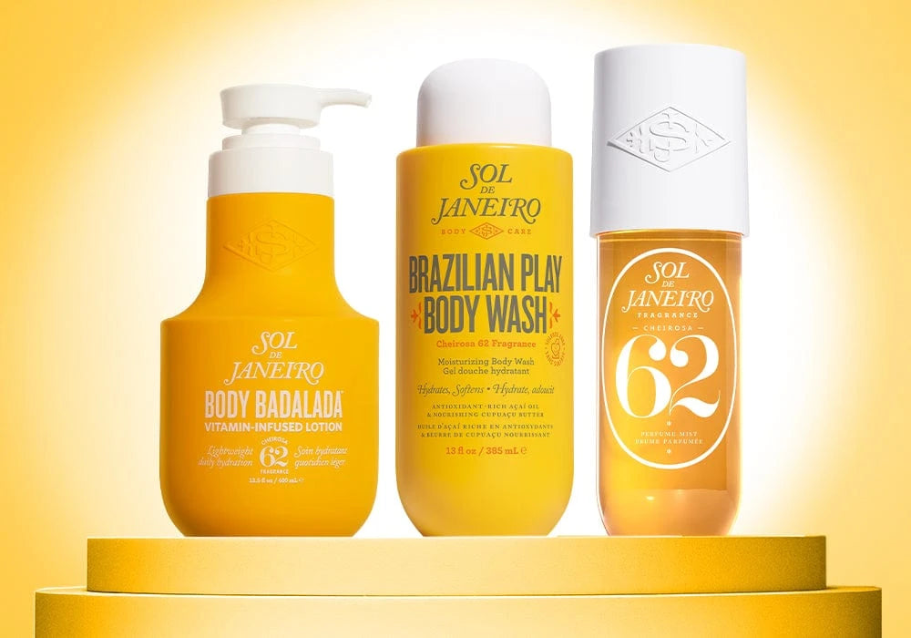 Three Sol de Janeiro body care products on a yellow background