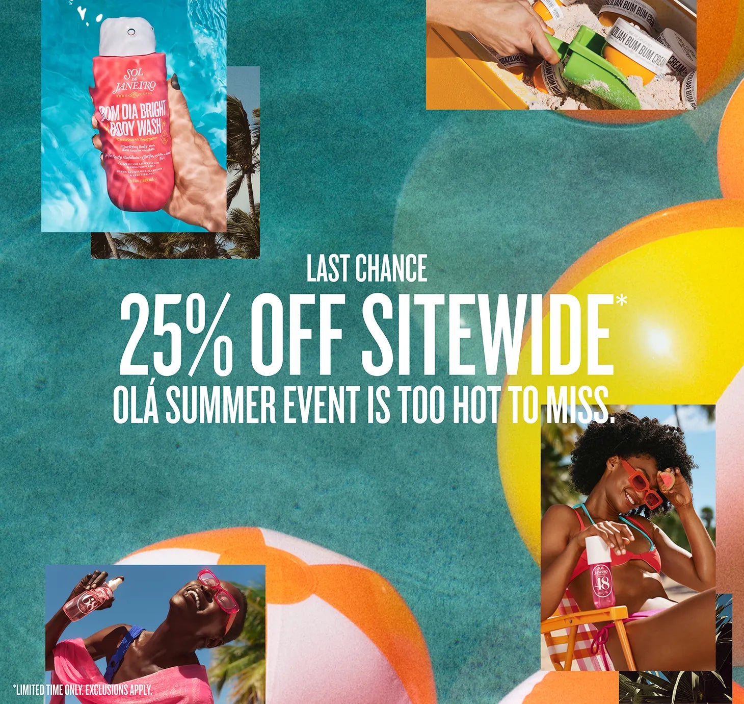 Promotional collage for a summer sale event with beach-themed images and text.