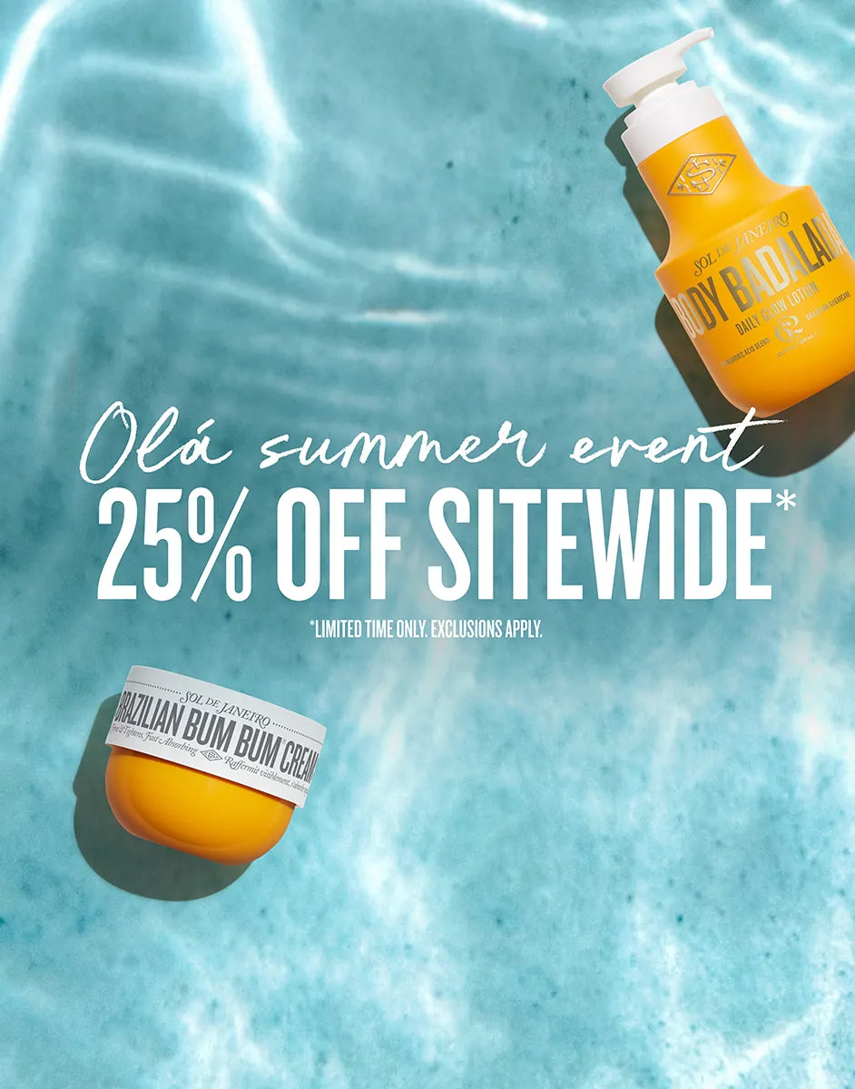Two bottles of Brazilian Bum Gum Cream on a blue water background with promotional text overlay.