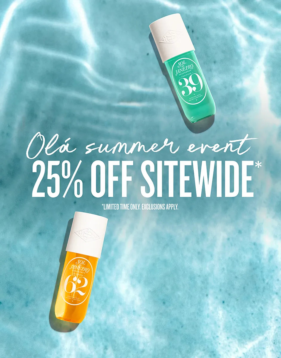 Two bottles of sunscreen with a promotional text overlay on a blue water background