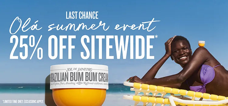 Person lying on a beach with Brazilian Bum Bum Cream jar, promotional text for Olá summer event.