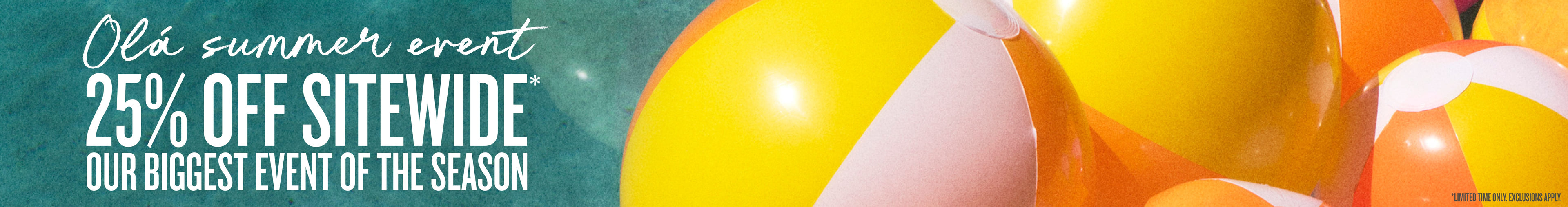 Promotional banner with beach balls and text for a summer event discount.