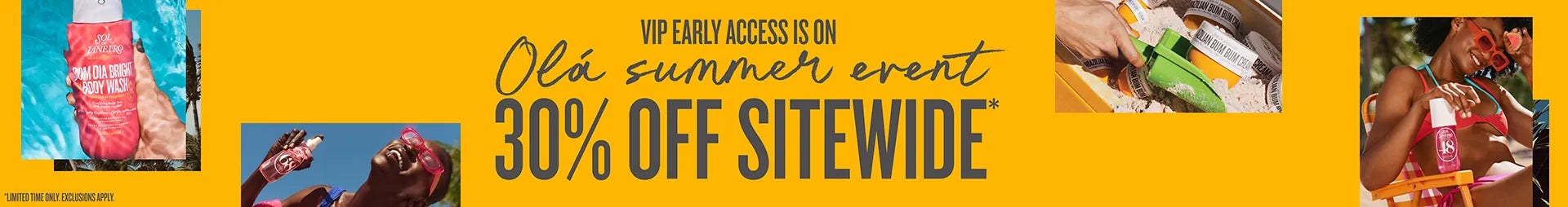 Promotional banner with text '30% OFF SITEWIDE' and images of people enjoying outdoor activities on a yellow background.