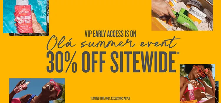 Promotional banner with text '30% OFF SITEWIDE' and images of people enjoying outdoor activities on a yellow background.