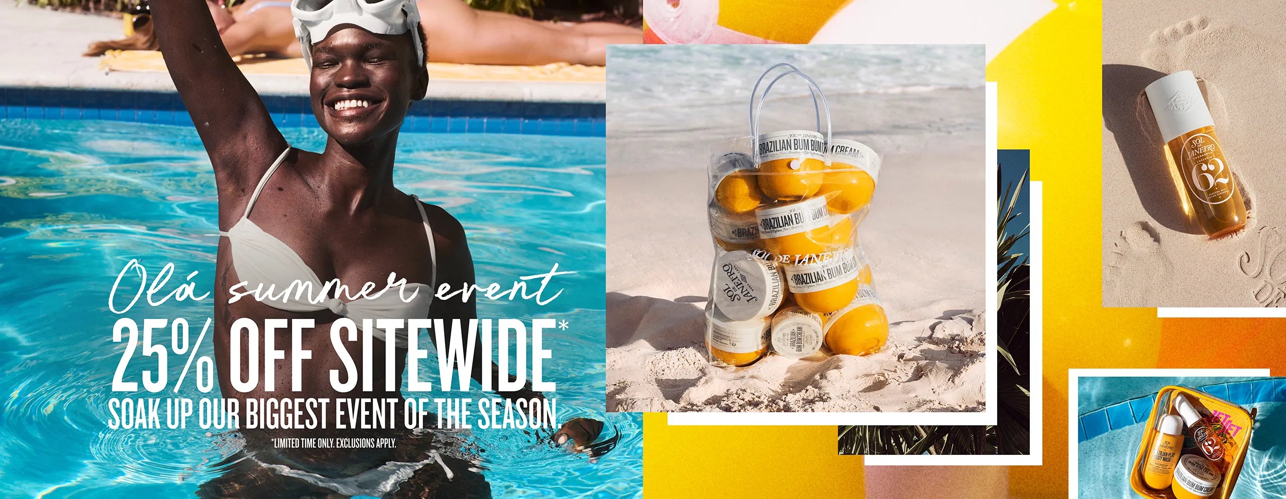 Promotional collage for a summer event with beach-themed images and product display.