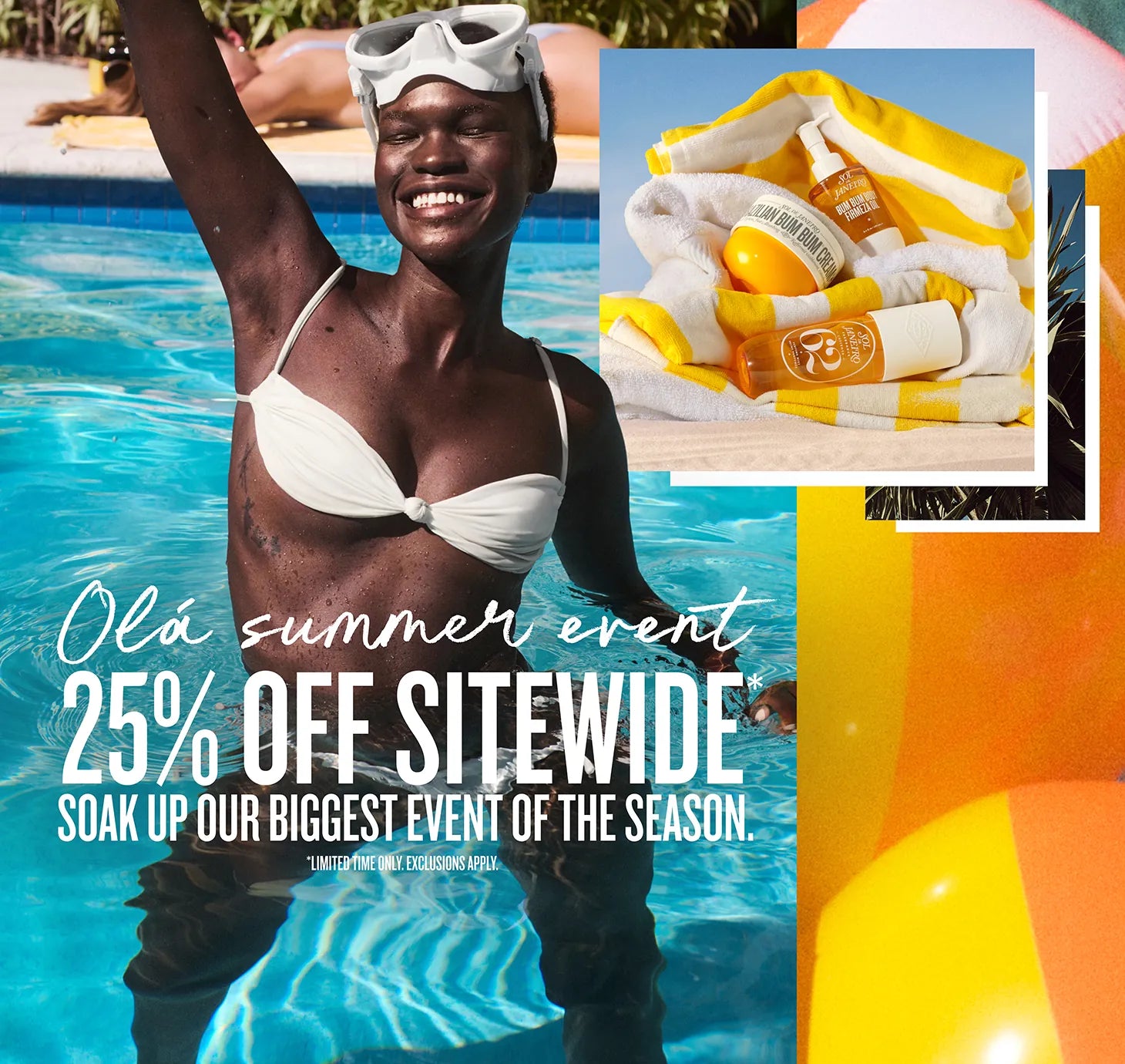 Promotional collage for Olá summer event with pool scene, beach towel, and drink.