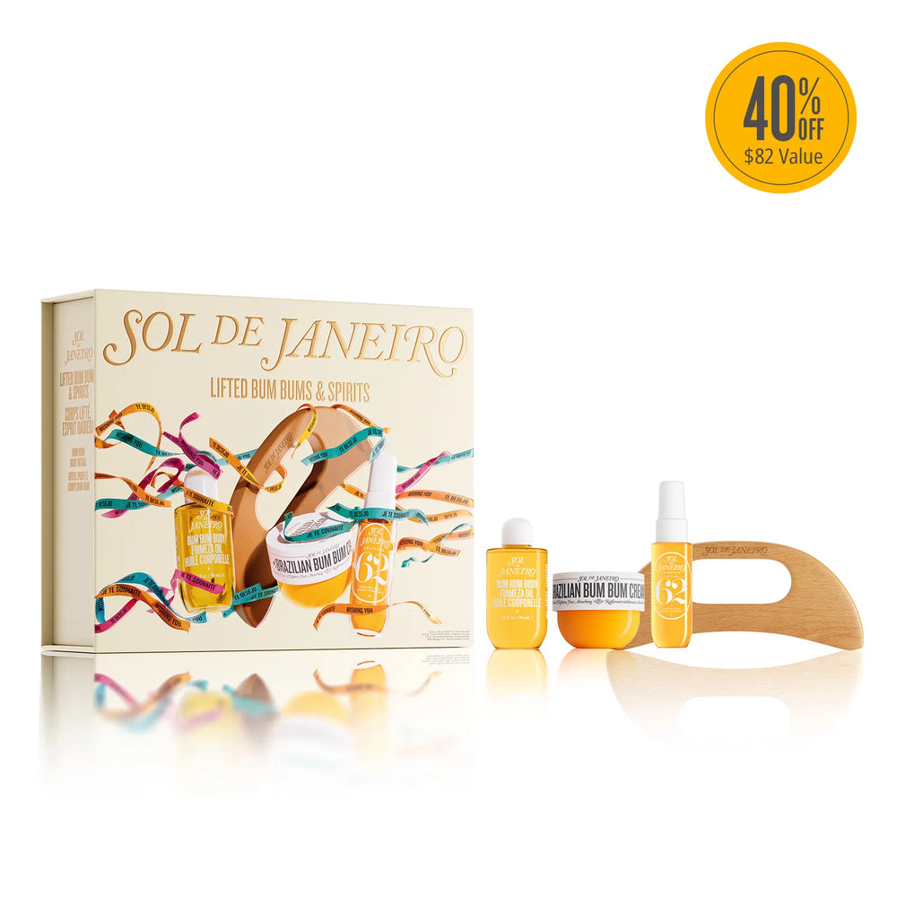 SOL DE JANEIRO Lifted Bom Buns & Spirits gift set featuring a cream-colored box with colorful ribbon graphics, three small yellow cosmetic bottles, a jar, and a wooden spatula, displayed on a white background with a yellow 40% off badge in the top right.