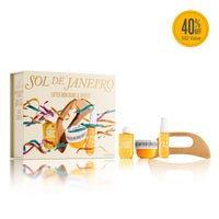 SOL DE JANEIRO Lifted Bom Buns & Spirits gift set featuring a cream-colored box with colorful ribbon graphics, three small yellow cosmetic bottles, a jar, and a wooden spatula, displayed on a white background with a yellow 40% off badge in the top right.